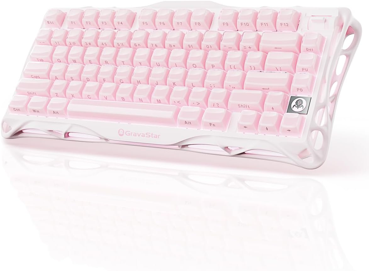 GravaStar Mercury K1 75% Wireless Mechanical Gaming Keyboard RGB Backlit | Gasket Mount, Hot Swappable Linear Switches, Creamy Sound Keyboard, 2.4GHz/USB-C/Bluetooth 5.0, for Win/Mac【Sakura Pink】