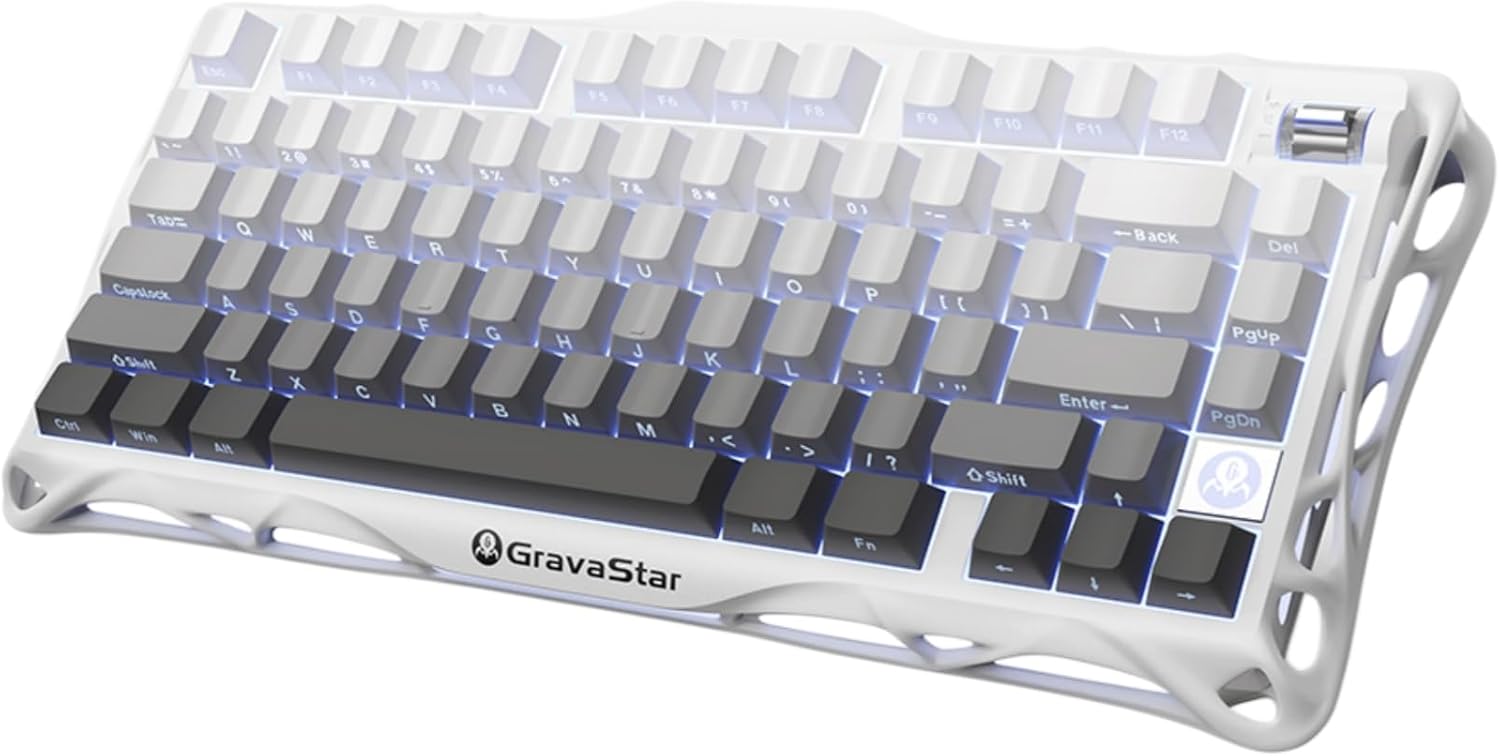 GravaStar Mercury K1 75% Wireless Mechanical Gaming Keyboard RGB Backlit Gasket Mount, Hot Swappable Linear Switches, Creamy Sound Keyboard, 2.4GHz/USB-C/Bluetooth 5.0, for Win/Mac【Gradient White】