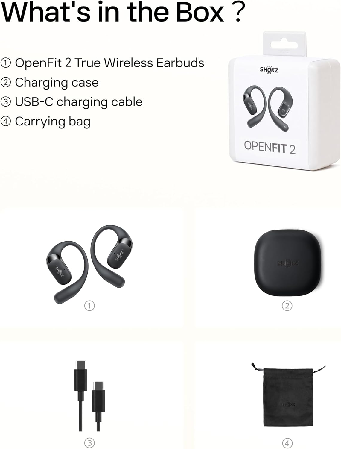 SHOKZ OpenFit 2 Open-Ear Earhook Bluetooth Earbuds,48H Playtime Bundle with Carrying Bag; Powerful bass; IP55 Water-Resistant; AI call clarity; Bluetooth 5.4; Gym/Outdoor/Home use