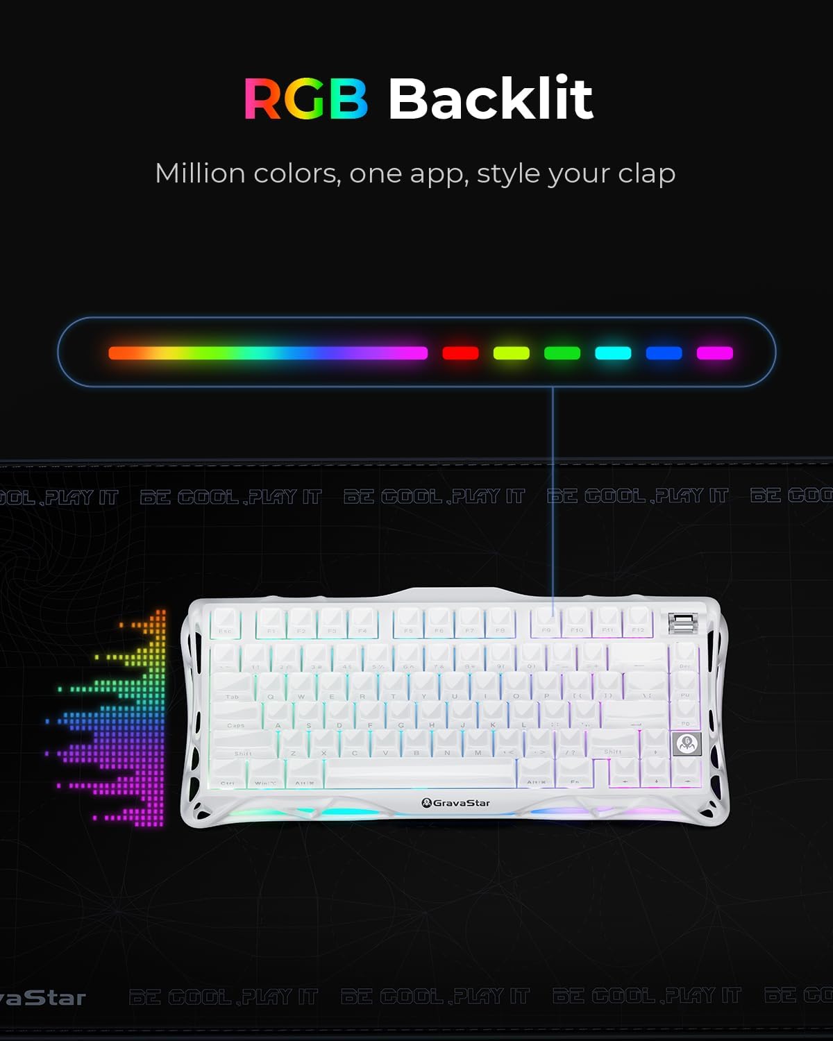 GravaStar Mercury K1 75% Wireless Mechanical Gaming Keyboard RGB Backlit | Gasket Mount, Hot Swappable Linear Switches, Creamy Sound Keyboard, 2.4GHz/USB-C/Bluetooth 5.0, for Win/Mac【Opaline White】