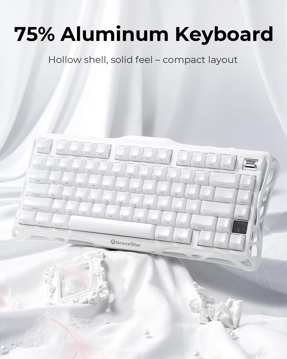 GravaStar Mercury K1 75% Wireless Mechanical Gaming Keyboard RGB Backlit | Gasket Mount, Hot Swappable Linear Switches, Creamy Sound Keyboard, 2.4GHz/USB-C/Bluetooth 5.0, for Win/Mac【Opaline White】