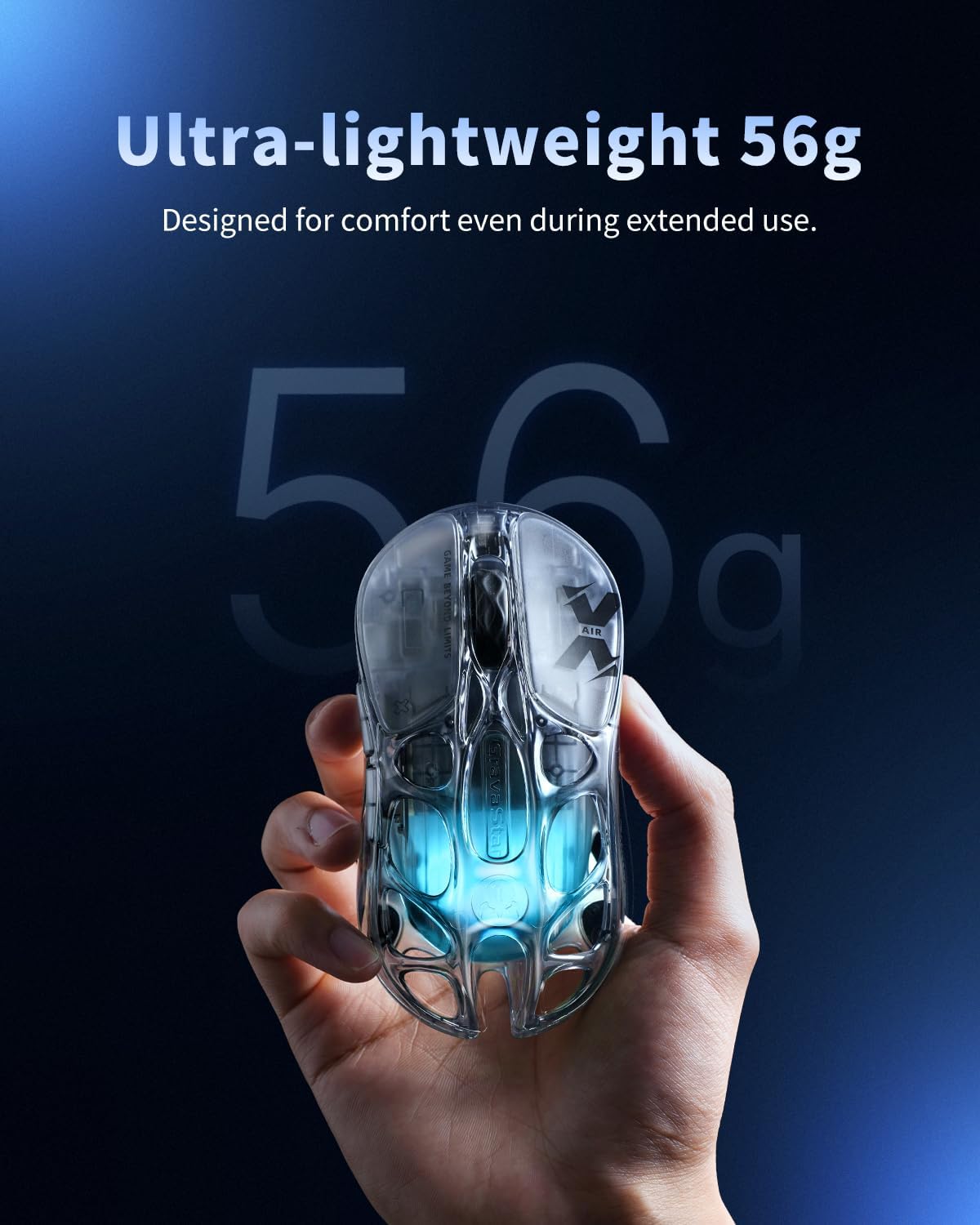 GravaStar X AIR Wireless Gaming Mouse, Futuristic Skeleton Design, True 8K Performance, PAW3950 Sensor, RGB Lighting, 56g Lightweight, Tri-Mode Connectivity