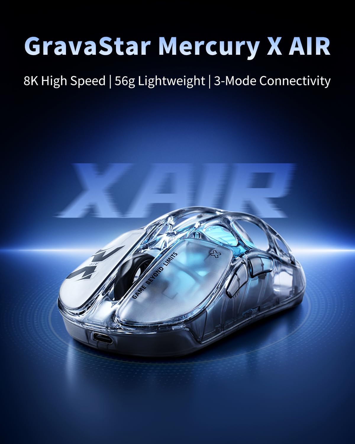 GravaStar X AIR Wireless Gaming Mouse, Futuristic Skeleton Design, True 8K Performance, PAW3950 Sensor, RGB Lighting, 56g Lightweight, Tri-Mode Connectivity