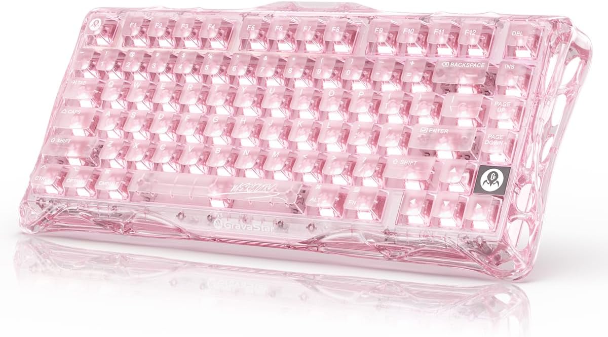 GravaStar Mercury K1 Lite 75% Wireless Mechanical Gaming Keyboard RGB | Gasket Mount, Hot Swappable Linear Switches, Creamy Sound Keyboard, 2.4GHz/USB-C/Bluetooth 5.0, for Win/Mac【Crystal Rose】