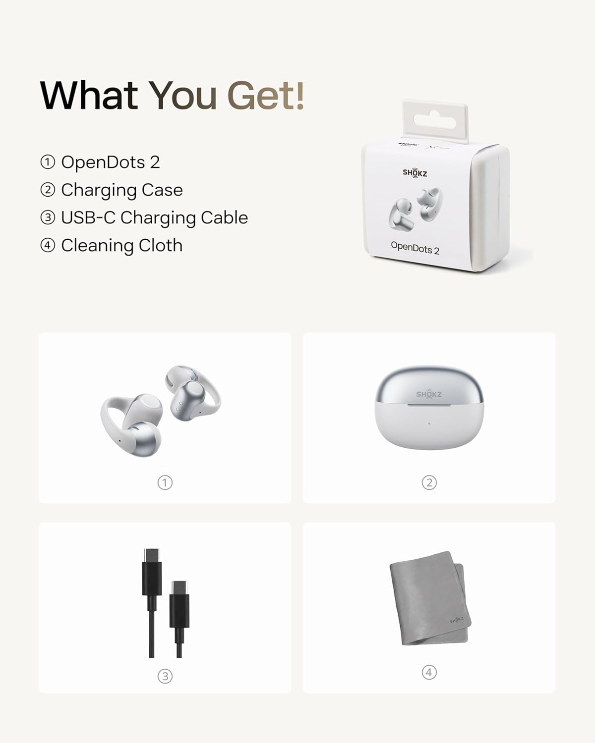 SHOKZ OpenDots 2 Open-Ear Clip-On Earbuds, White, Dolby Audio, 3 Mics Rich bass with Dolby Audio; 3-mic clear calls; 40H listening; IP57; Bluetooth 6.1; Travel/City walk/Commuting/Yoga/Pilates