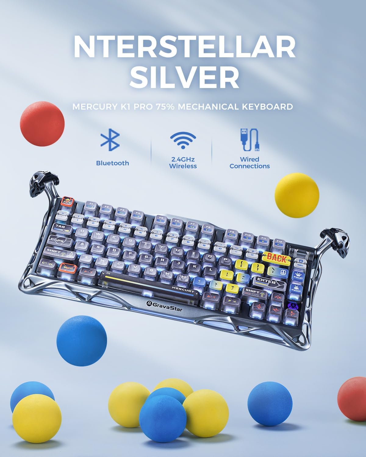 GravaStar Mercury K1 Pro Wireless Mechanical Gaming Keyboard, 75% Layout RGB Custom Keyboard, Hot-Swappable Linear Switches; Aluminum Alloy【Interstellar Silver】