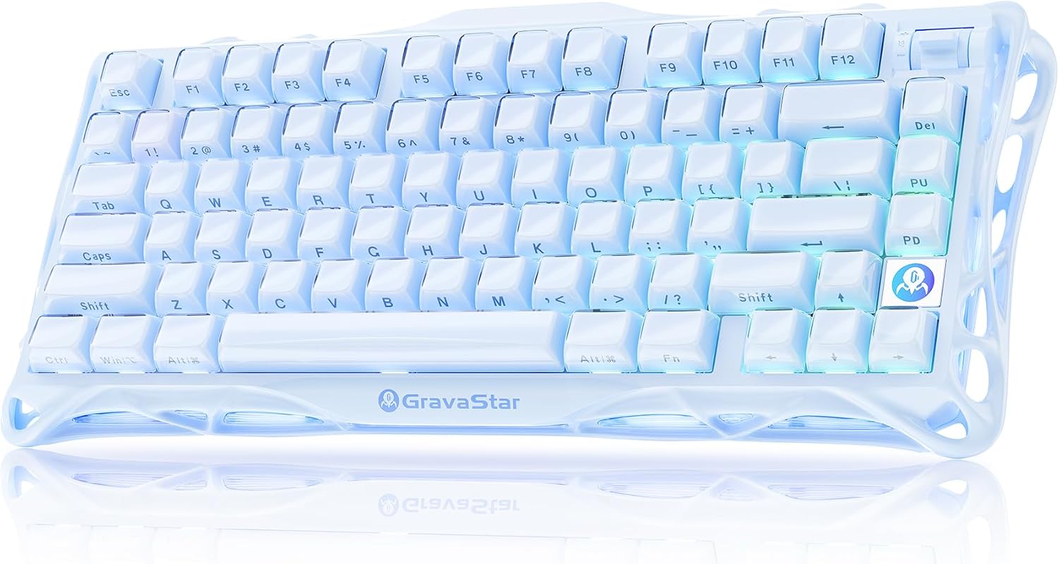 GravaStar Mercury K1 75% Wireless Mechanical Gaming Keyboard RGB Backlit | Gasket Mount, Hot Swappable Linear Switches, Creamy Sound Keyboard, 2.4GHz/USB-C/Bluetooth 5.0, for Win/Mac【Ice Blue】