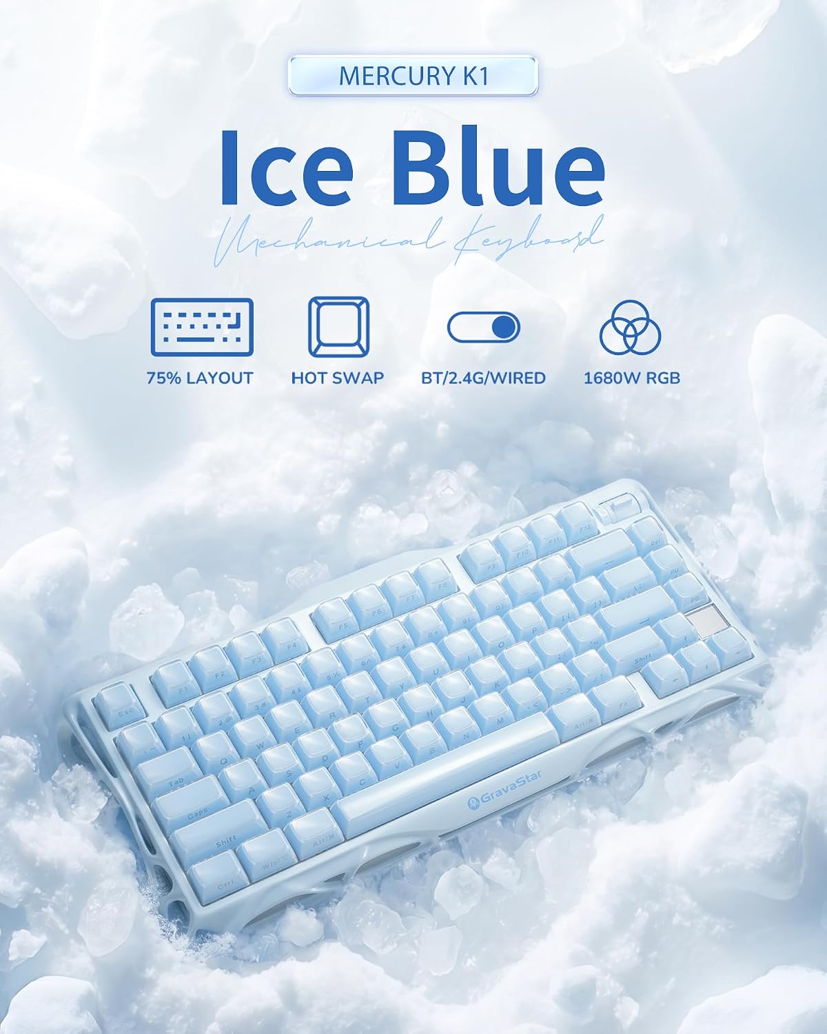GravaStar Mercury K1 75% Wireless Mechanical Gaming Keyboard RGB Backlit | Gasket Mount, Hot Swappable Linear Switches, Creamy Sound Keyboard, 2.4GHz/USB-C/Bluetooth 5.0, for Win/Mac【Ice Blue】