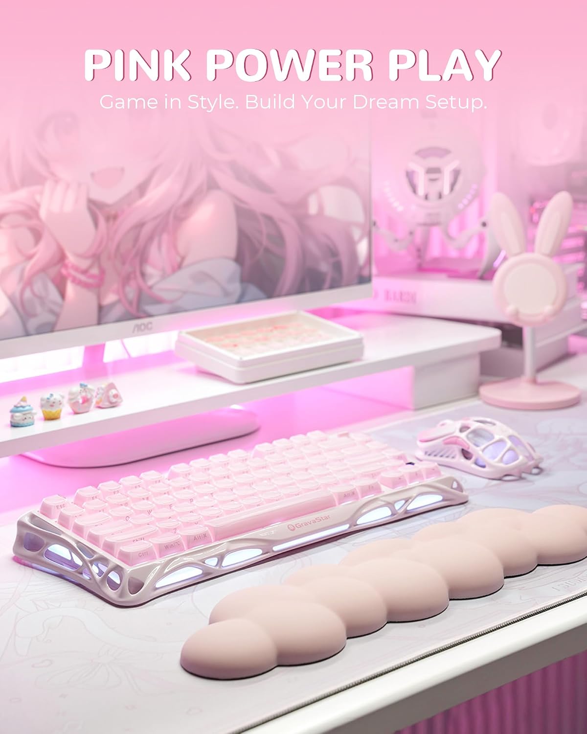 GravaStar Mercury K1 75% Wireless Mechanical Gaming Keyboard RGB Backlit | Gasket Mount, Hot Swappable Linear Switches, Creamy Sound Keyboard, 2.4GHz/USB-C/Bluetooth 5.0, for Win/Mac【Sakura Pink】