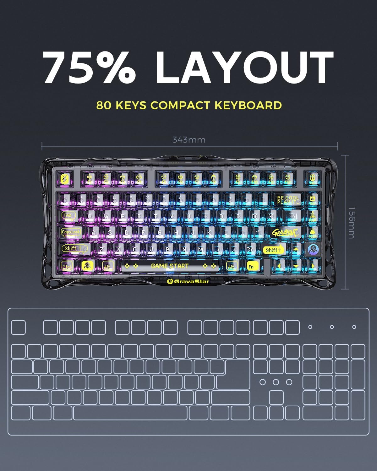 GravaStar Mercury K1 Lite 75% Wireless Mechanical Gaming Keyboard RGB | Gasket Mount, Hot Swappable Linear Switches, Creamy Sound Keyboard, 2.4GHz/USB-C/Bluetooth 5.0, for Win/Mac