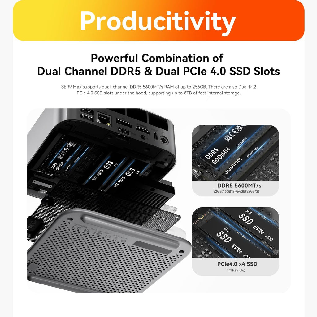 Beelink SER9 Max Mini PC, AMD Ryzen AI 7 H 350, 32G DDR5 1TB PCIe4.0 SSD Mini Computer H 350(8C/16T,5.0GHz), AMD Radeon 860M Triple Display DP&HDMI&USB4, WiFi6/BT5.2/2.5G/Home/Office