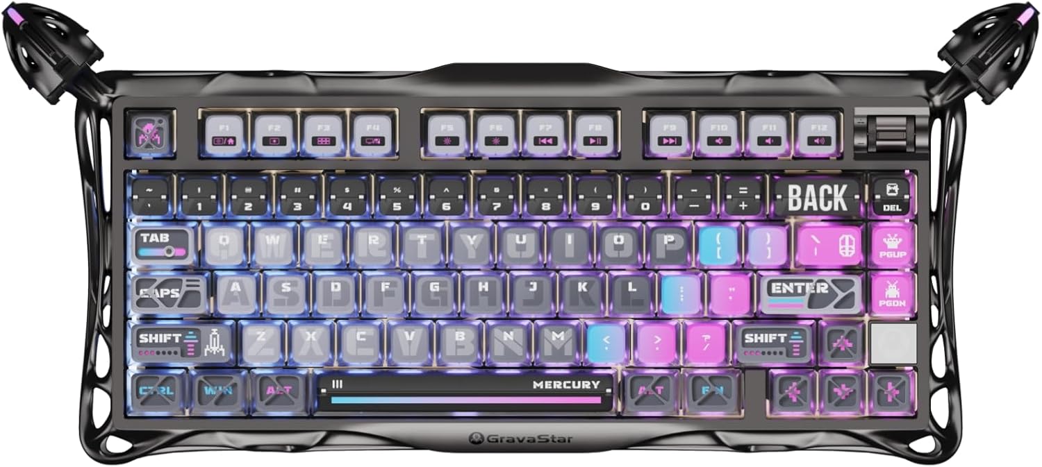 GravaStar Mercury K1 Pro Wireless Mechanical Gaming Keyboard, 75% Layout RGB Custom Keyboard, Electroplated Glossy Frame, Hot-Swappable Linear Switches【Cyberpunk Edition】