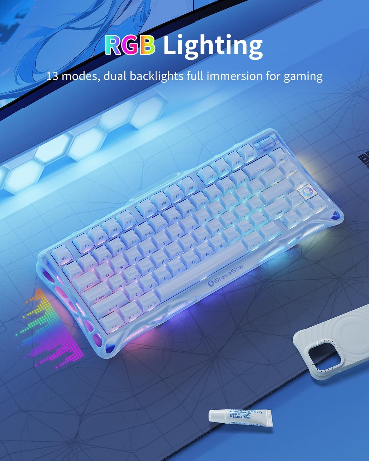 GravaStar Mercury K1 75% Wireless Mechanical Gaming Keyboard RGB Backlit | Gasket Mount, Hot Swappable Linear Switches, Creamy Sound Keyboard, 2.4GHz/USB-C/Bluetooth 5.0, for Win/Mac【Ice Blue】