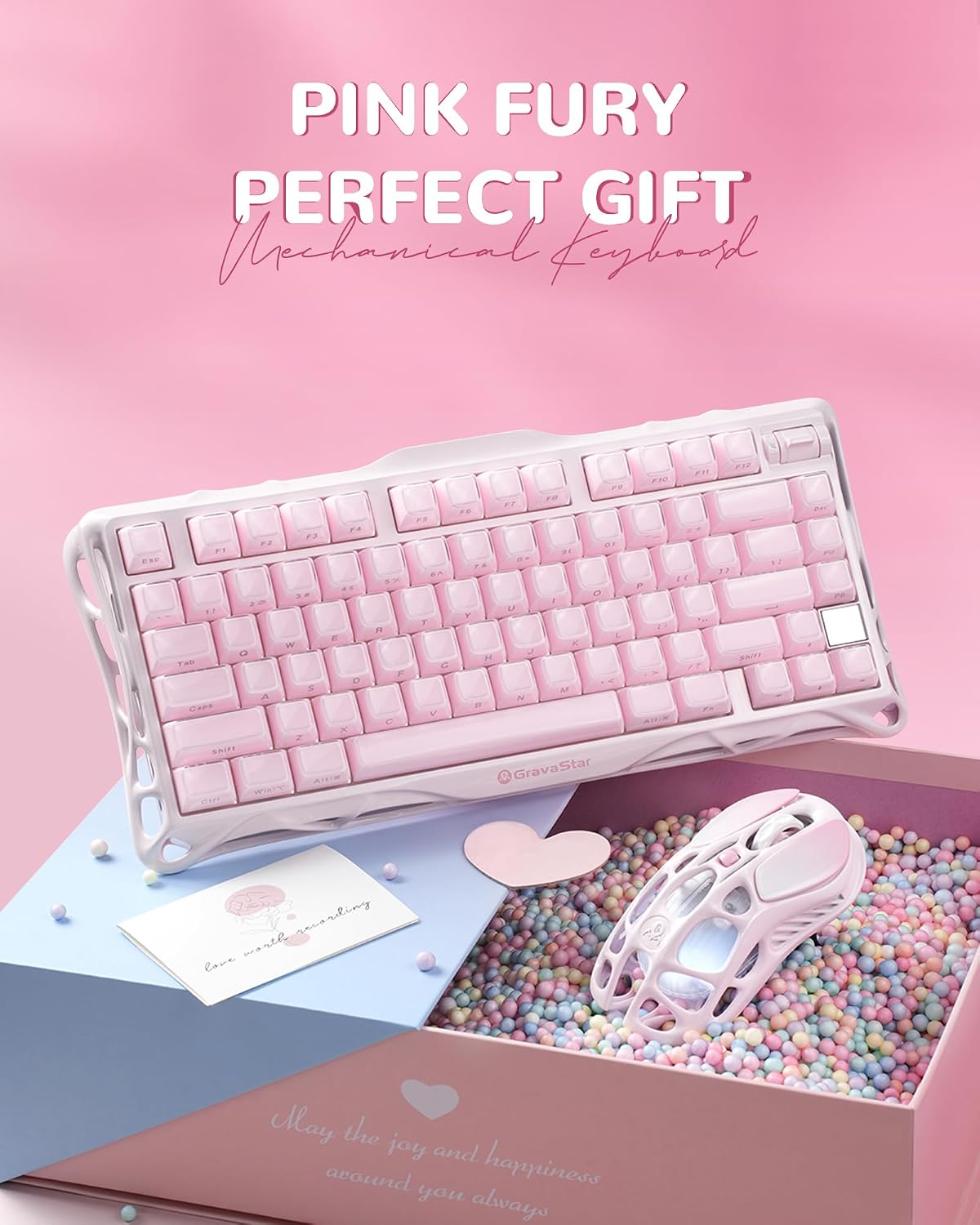 GravaStar Mercury K1 75% Wireless Mechanical Gaming Keyboard RGB Backlit | Gasket Mount, Hot Swappable Linear Switches, Creamy Sound Keyboard, 2.4GHz/USB-C/Bluetooth 5.0, for Win/Mac【Sakura Pink】