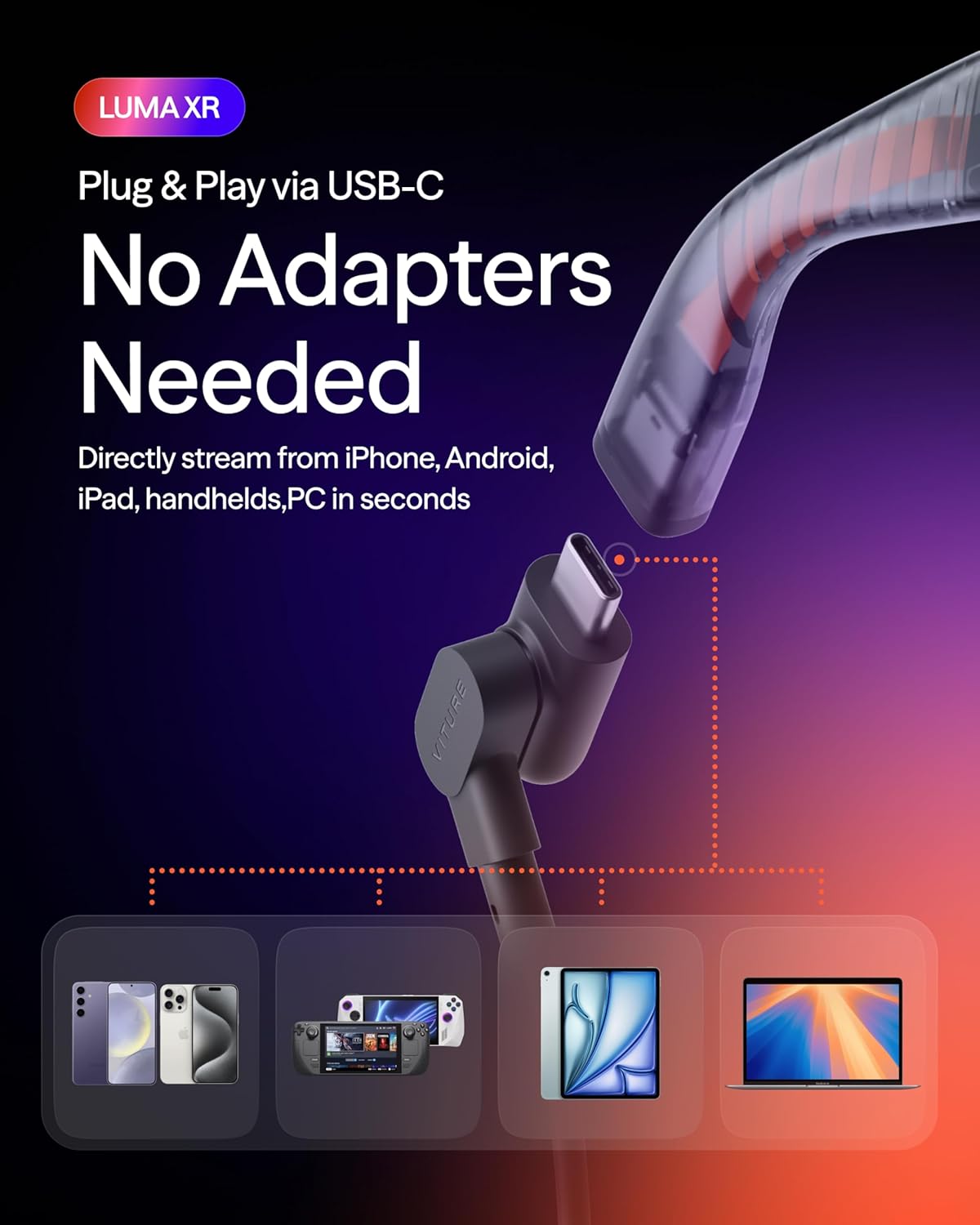 VITURE Óculos Luma XR — Tela ultra afiada de 1200p de 146 polegadas, 1000 nits, FOV de 50°, ajustes de regulação, conexão USB-C para iPhone, Android, Mac, PC, Steam Deck, primeira experiência XR para