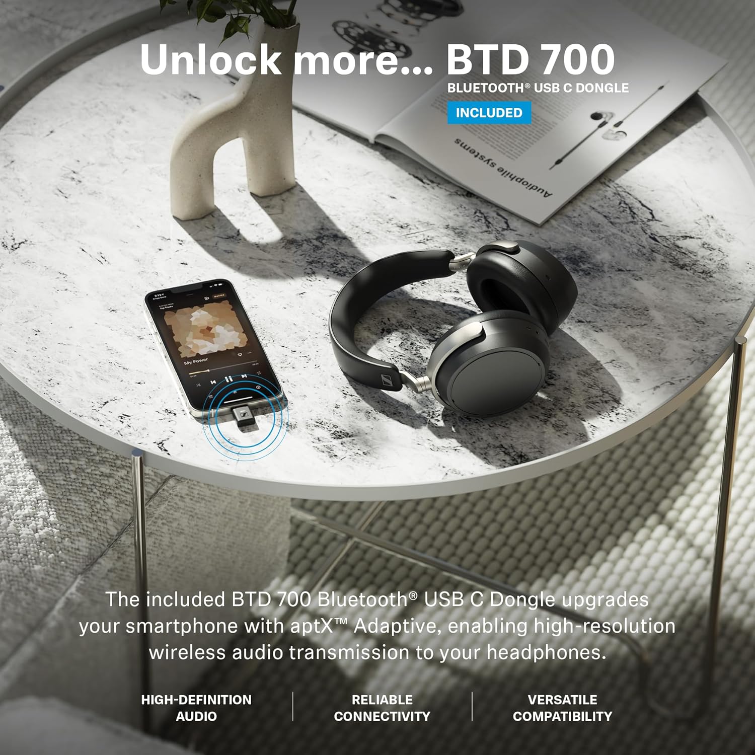 Sennheiser HDB 630 Wireless Audiophile Headphones with Incl. Hi-Res Dongle Included BTD 700 for high resolution audio, parametric EQ in-app and crossfeed function.